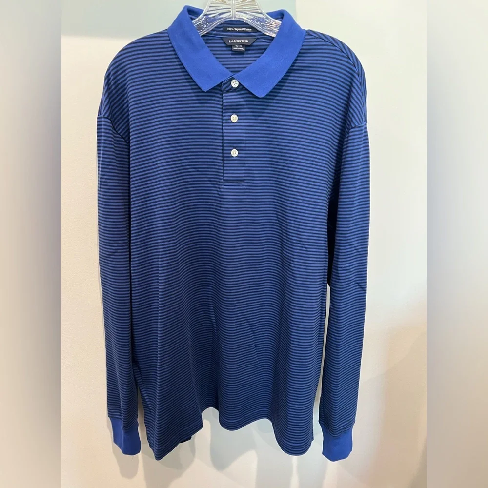 Lands’ End Blue Striped Men's Long Sleeve Polo Shirt Preppy Business Casual